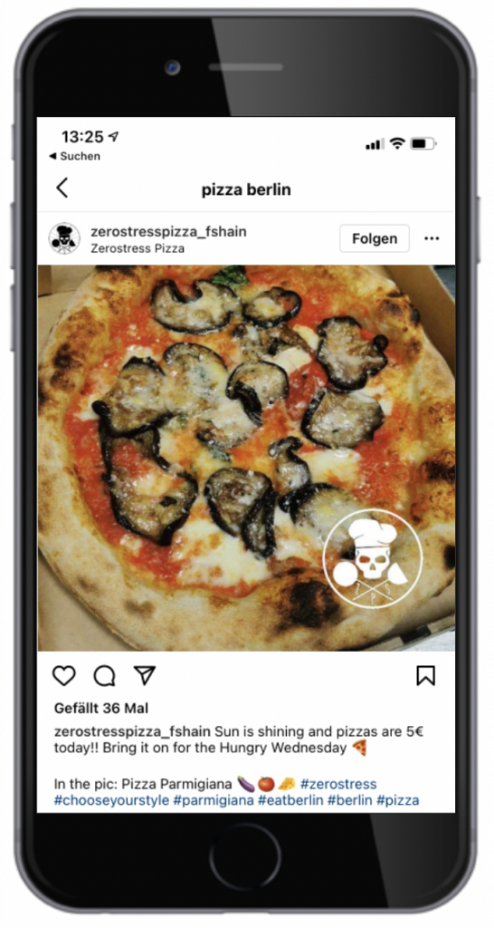 Instagram SEO Suche zu Keyword Pizza Berlin mit Posting von Zerostress Pizza als top organisches Ergebnis